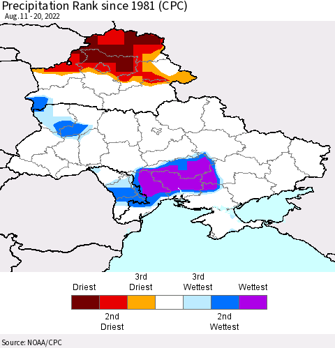 Ukraine, Moldova and Belarus Precipitation Rank (CPC) Thematic Map For 8/11/2022 - 8/20/2022