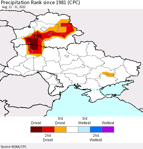Ukraine, Moldova and Belarus Precipitation Rank since 1981 (CPC) Thematic Map For 8/21/2022 - 8/31/2022