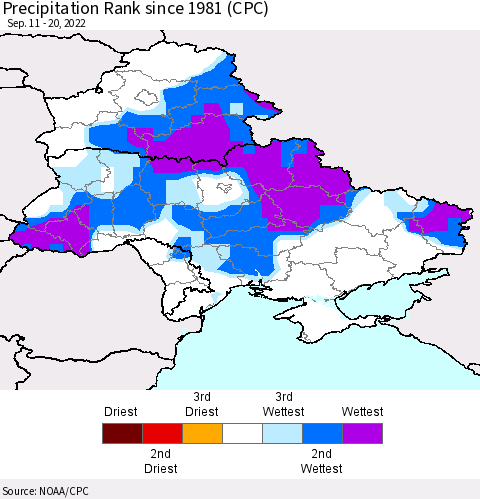 Ukraine, Moldova and Belarus Precipitation Rank since 1981 (CPC) Thematic Map For 9/11/2022 - 9/20/2022