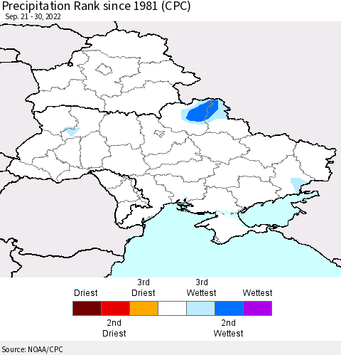 Ukraine, Moldova and Belarus Precipitation Rank since 1981 (CPC) Thematic Map For 9/21/2022 - 9/30/2022