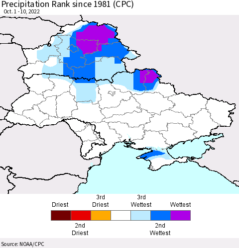 Ukraine, Moldova and Belarus Precipitation Rank since 1981 (CPC) Thematic Map For 10/1/2022 - 10/10/2022