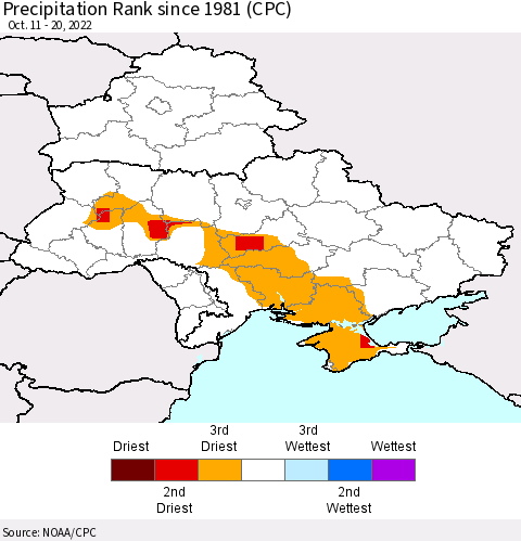 Ukraine, Moldova and Belarus Precipitation Rank since 1981 (CPC) Thematic Map For 10/11/2022 - 10/20/2022
