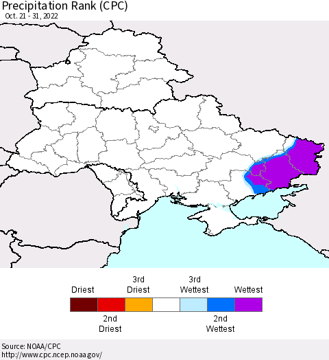 Ukraine, Moldova and Belarus Precipitation Rank since 1981 (CPC) Thematic Map For 10/21/2022 - 10/31/2022