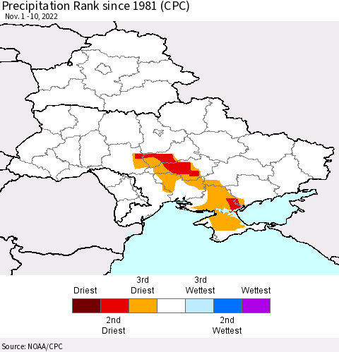 Ukraine, Moldova and Belarus Precipitation Rank since 1981 (CPC) Thematic Map For 11/1/2022 - 11/10/2022