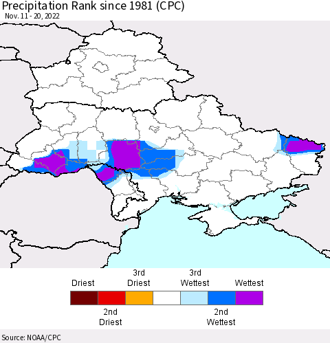 Ukraine, Moldova and Belarus Precipitation Rank since 1981 (CPC) Thematic Map For 11/11/2022 - 11/20/2022