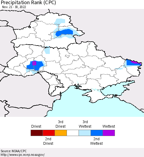 Ukraine, Moldova and Belarus Precipitation Rank (CPC) Thematic Map For 11/21/2022 - 11/30/2022