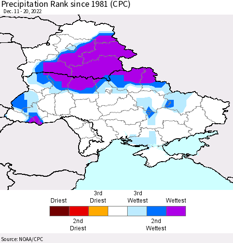 Ukraine, Moldova and Belarus Precipitation Rank since 1981 (CPC) Thematic Map For 12/11/2022 - 12/20/2022