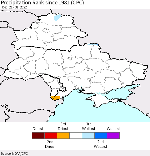 Ukraine, Moldova and Belarus Precipitation Rank since 1981 (CPC) Thematic Map For 12/21/2022 - 12/31/2022