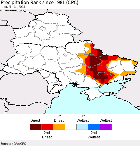 Ukraine, Moldova and Belarus Precipitation Rank since 1981 (CPC) Thematic Map For 1/21/2023 - 1/31/2023