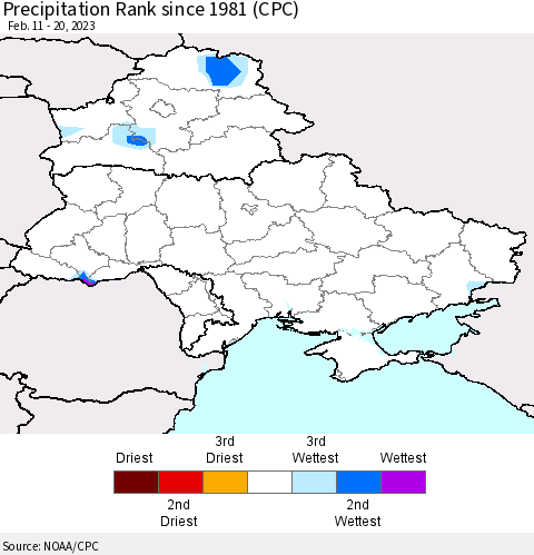 Ukraine, Moldova and Belarus Precipitation Rank since 1981 (CPC) Thematic Map For 2/11/2023 - 2/20/2023