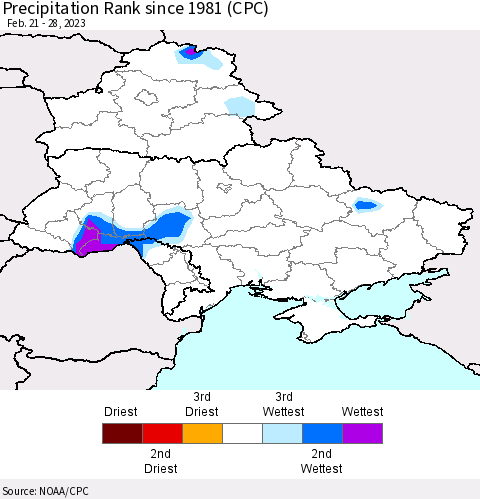Ukraine, Moldova and Belarus Precipitation Rank since 1981 (CPC) Thematic Map For 2/21/2023 - 2/28/2023