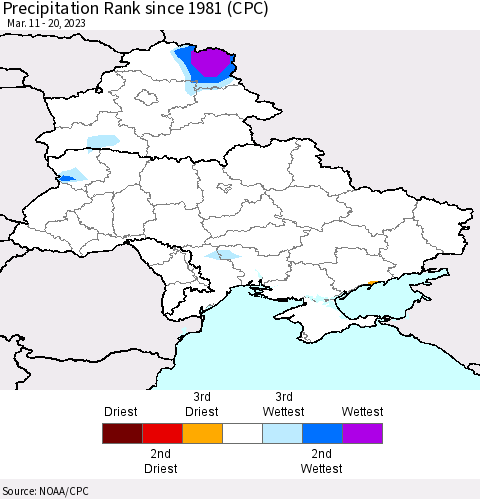 Ukraine, Moldova and Belarus Precipitation Rank since 1981 (CPC) Thematic Map For 3/11/2023 - 3/20/2023