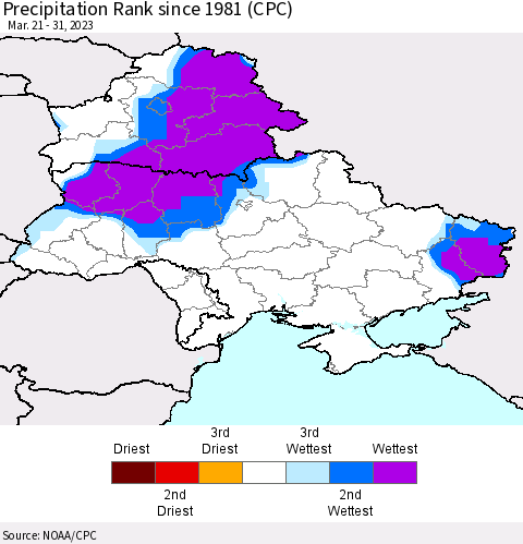 Ukraine, Moldova and Belarus Precipitation Rank since 1981 (CPC) Thematic Map For 3/21/2023 - 3/31/2023