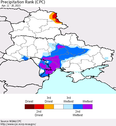 Ukraine, Moldova and Belarus Precipitation Rank since 1981 (CPC) Thematic Map For 4/11/2023 - 4/20/2023