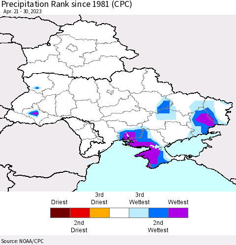 Ukraine, Moldova and Belarus Precipitation Rank since 1981 (CPC) Thematic Map For 4/21/2023 - 4/30/2023