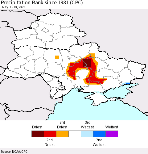 Ukraine, Moldova and Belarus Precipitation Rank since 1981 (CPC) Thematic Map For 5/1/2023 - 5/10/2023
