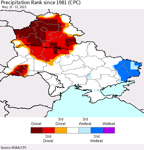 Ukraine, Moldova and Belarus Precipitation Rank since 1981 (CPC) Thematic Map For 5/21/2023 - 5/31/2023