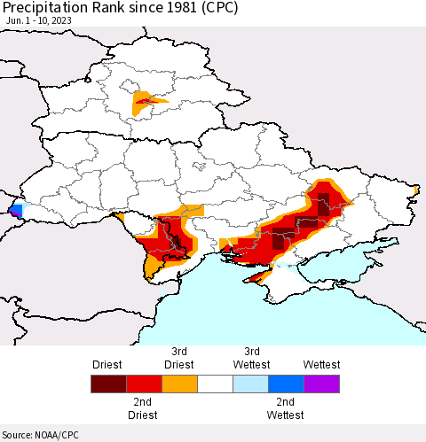 Ukraine, Moldova and Belarus Precipitation Rank since 1981 (CPC) Thematic Map For 6/1/2023 - 6/10/2023