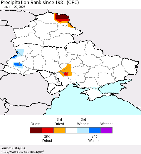 Ukraine, Moldova and Belarus Precipitation Rank since 1981 (CPC) Thematic Map For 6/11/2023 - 6/20/2023