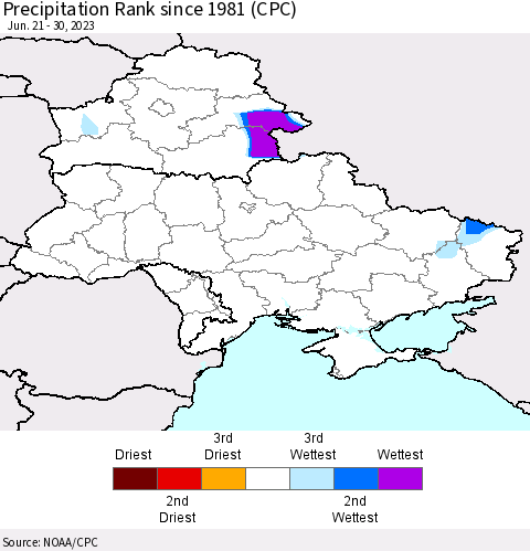 Ukraine, Moldova and Belarus Precipitation Rank since 1981 (CPC) Thematic Map For 6/21/2023 - 6/30/2023