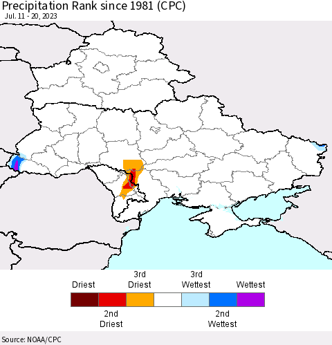 Ukraine, Moldova and Belarus Precipitation Rank since 1981 (CPC) Thematic Map For 7/11/2023 - 7/20/2023