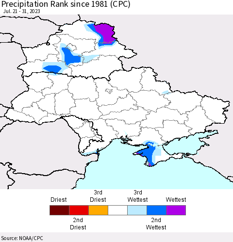 Ukraine, Moldova and Belarus Precipitation Rank since 1981 (CPC) Thematic Map For 7/21/2023 - 7/31/2023