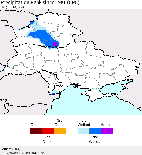 Ukraine, Moldova and Belarus Precipitation Rank since 1981 (CPC) Thematic Map For 8/1/2023 - 8/10/2023