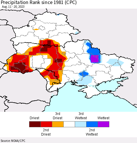 Ukraine, Moldova and Belarus Precipitation Rank since 1981 (CPC) Thematic Map For 8/11/2023 - 8/20/2023