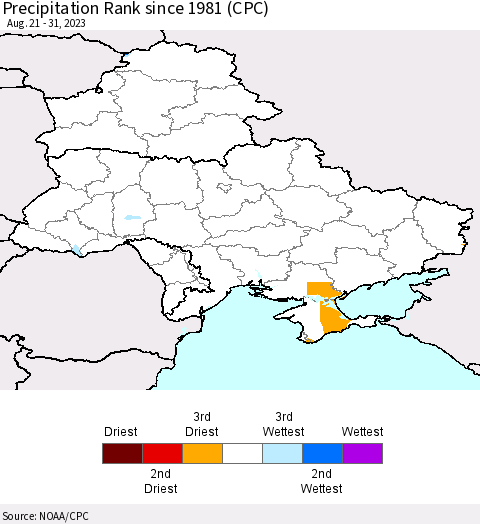 Ukraine, Moldova and Belarus Precipitation Rank since 1981 (CPC) Thematic Map For 8/21/2023 - 8/31/2023