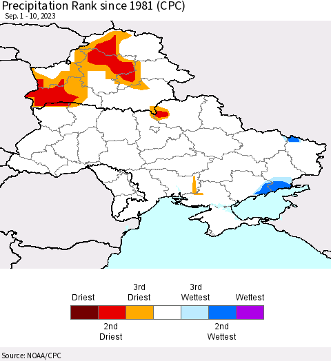 Ukraine, Moldova and Belarus Precipitation Rank since 1981 (CPC) Thematic Map For 9/1/2023 - 9/10/2023