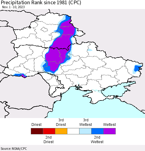Ukraine, Moldova and Belarus Precipitation Rank since 1981 (CPC) Thematic Map For 11/1/2023 - 11/10/2023