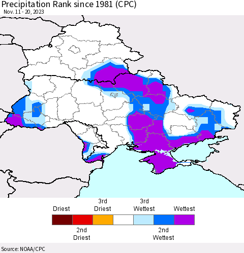 Ukraine, Moldova and Belarus Precipitation Rank since 1981 (CPC) Thematic Map For 11/11/2023 - 11/20/2023