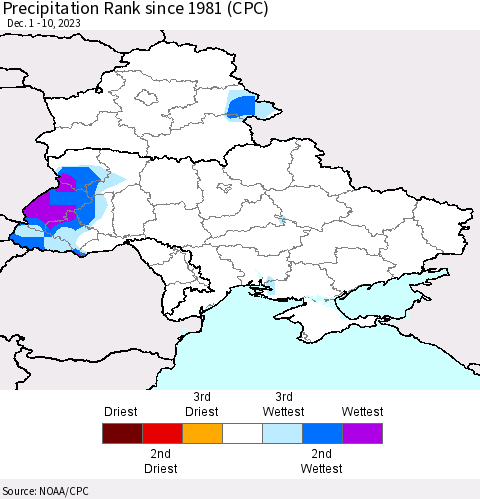 Ukraine, Moldova and Belarus Precipitation Rank since 1981 (CPC) Thematic Map For 12/1/2023 - 12/10/2023