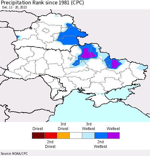 Ukraine, Moldova and Belarus Precipitation Rank since 1981 (CPC) Thematic Map For 12/11/2023 - 12/20/2023