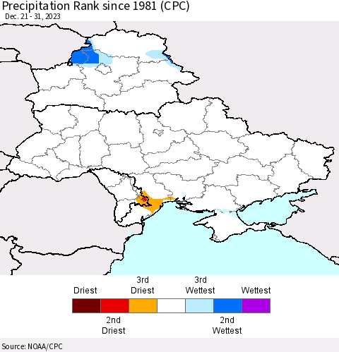 Ukraine, Moldova and Belarus Precipitation Rank since 1981 (CPC) Thematic Map For 12/21/2023 - 12/31/2023