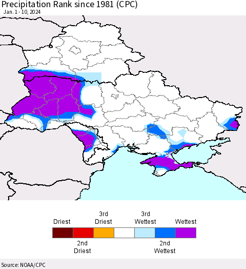Ukraine, Moldova and Belarus Precipitation Rank since 1981 (CPC) Thematic Map For 1/1/2024 - 1/10/2024
