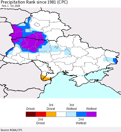 Ukraine, Moldova and Belarus Precipitation Rank since 1981 (CPC) Thematic Map For 2/1/2024 - 2/10/2024