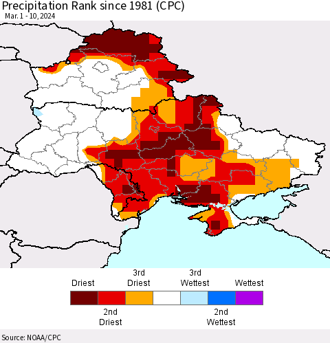 Ukraine, Moldova and Belarus Precipitation Rank since 1981 (CPC) Thematic Map For 3/1/2024 - 3/10/2024