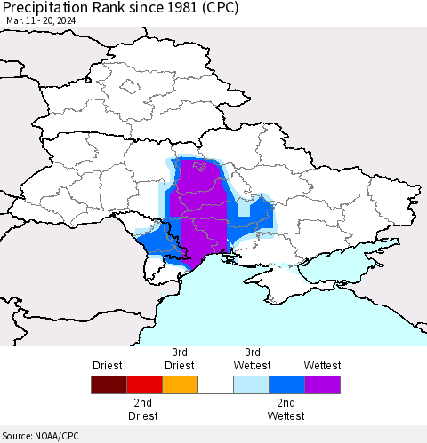 Ukraine, Moldova and Belarus Precipitation Rank since 1981 (CPC) Thematic Map For 3/11/2024 - 3/20/2024
