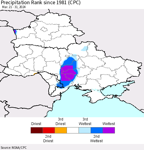 Ukraine, Moldova and Belarus Precipitation Rank since 1981 (CPC) Thematic Map For 3/21/2024 - 3/31/2024