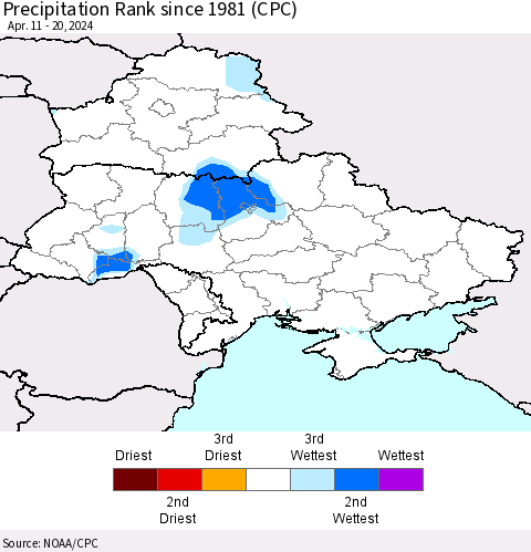 Ukraine, Moldova and Belarus Precipitation Rank since 1981 (CPC) Thematic Map For 4/11/2024 - 4/20/2024