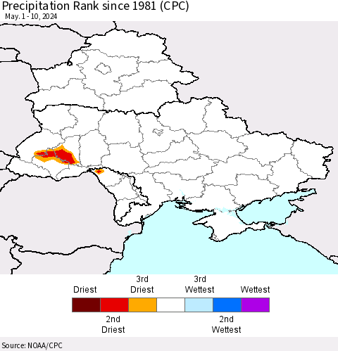 Ukraine, Moldova and Belarus Precipitation Rank since 1981 (CPC) Thematic Map For 5/1/2024 - 5/10/2024