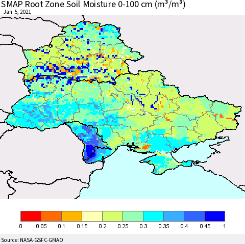 Ukraine, Moldova and Belarus SMAP Root Zone (0-100 cm) Soil Moisture (m³/m³) Thematic Map For 1/1/2021 - 1/5/2021