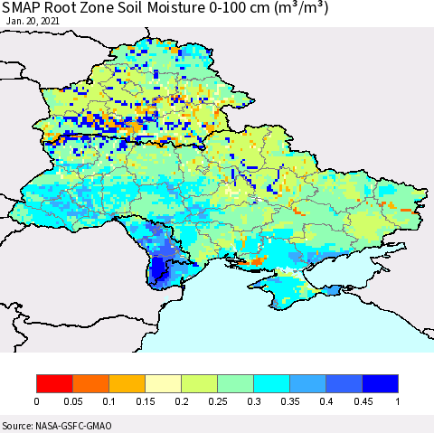 Ukraine, Moldova and Belarus SMAP Root Zone (0-100 cm) Soil Moisture (m³/m³) Thematic Map For 1/16/2021 - 1/20/2021
