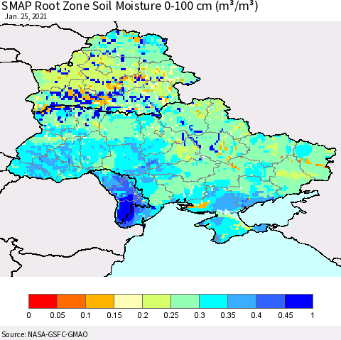 Ukraine, Moldova and Belarus SMAP Root Zone (0-100 cm) Soil Moisture (m³/m³) Thematic Map For 1/21/2021 - 1/25/2021