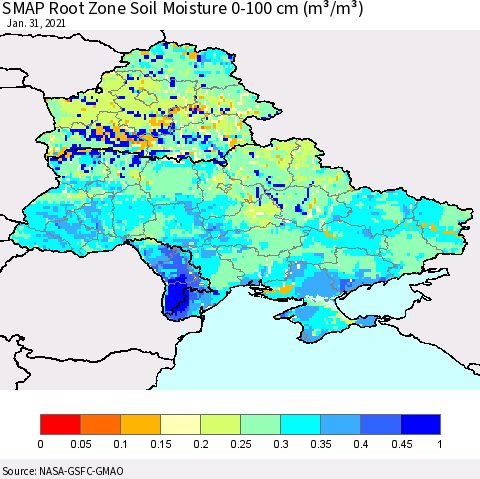 Ukraine, Moldova and Belarus SMAP Root Zone (0-100 cm) Soil Moisture (m³/m³) Thematic Map For 1/26/2021 - 1/31/2021