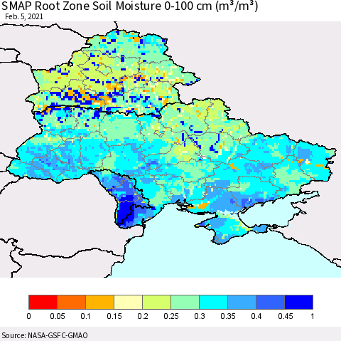 Ukraine, Moldova and Belarus SMAP Root Zone (0-100 cm) Soil Moisture (m³/m³) Thematic Map For 2/1/2021 - 2/5/2021