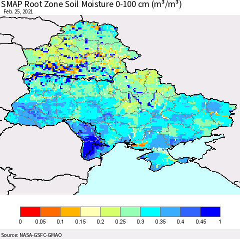 Ukraine, Moldova and Belarus SMAP Root Zone (0-100 cm) Soil Moisture (m³/m³) Thematic Map For 2/21/2021 - 2/25/2021