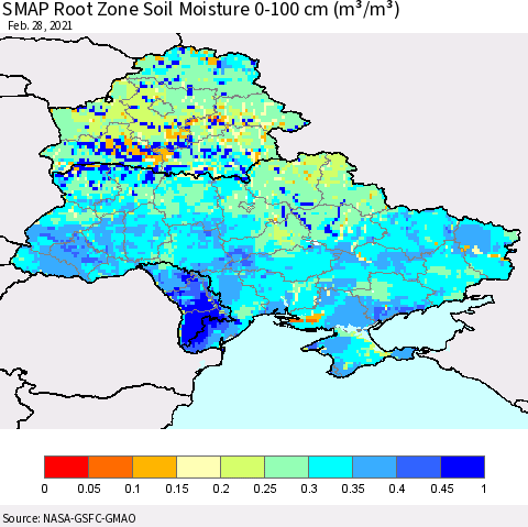 Ukraine, Moldova and Belarus SMAP Root Zone (0-100 cm) Soil Moisture (m³/m³) Thematic Map For 2/26/2021 - 2/28/2021