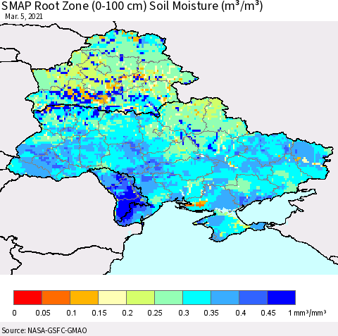 Ukraine, Moldova and Belarus SMAP Root Zone (0-100 cm) Soil Moisture (m³/m³) Thematic Map For 3/1/2021 - 3/5/2021